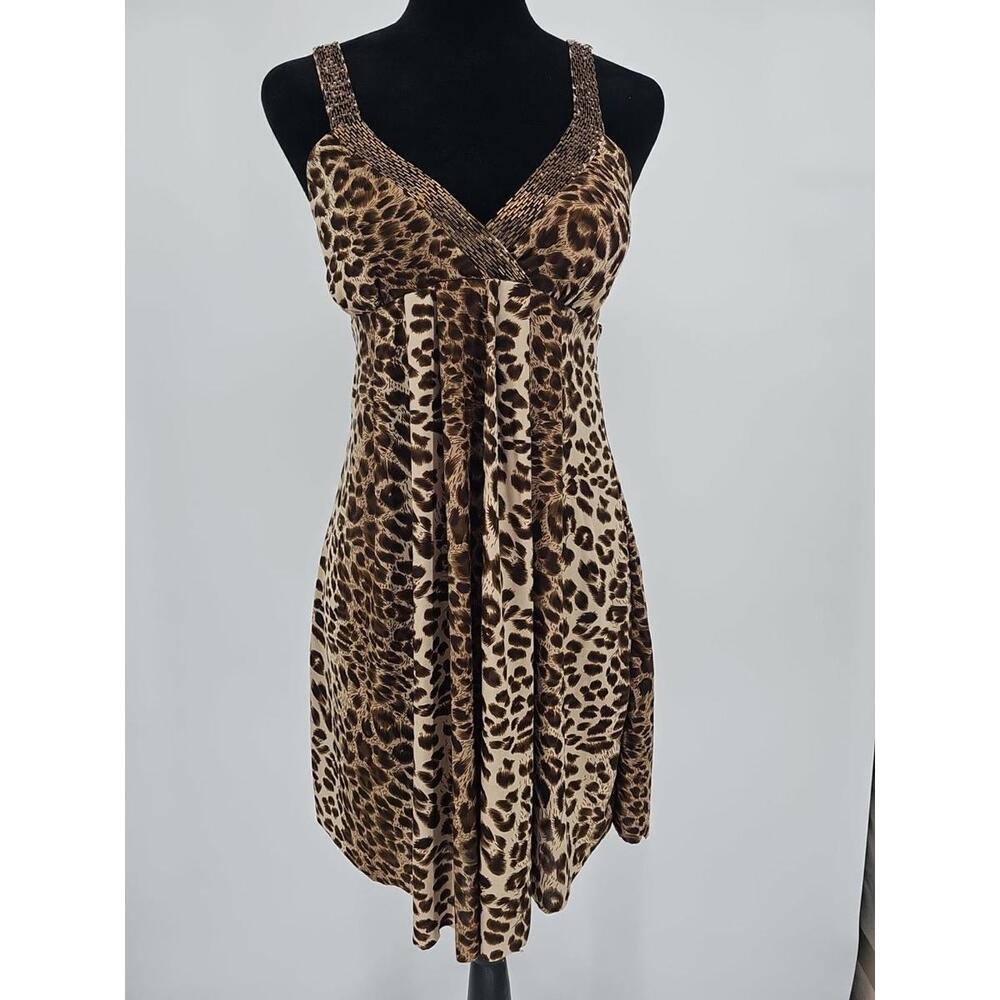Vintage 2000s Y2K Beaded Satin Slip Dress Small Leopard Camisole Babydoll
